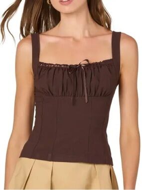 ASTR the Label Brown Square-Neck Tank Top Milkmaid Lace Trim Cottagecore M